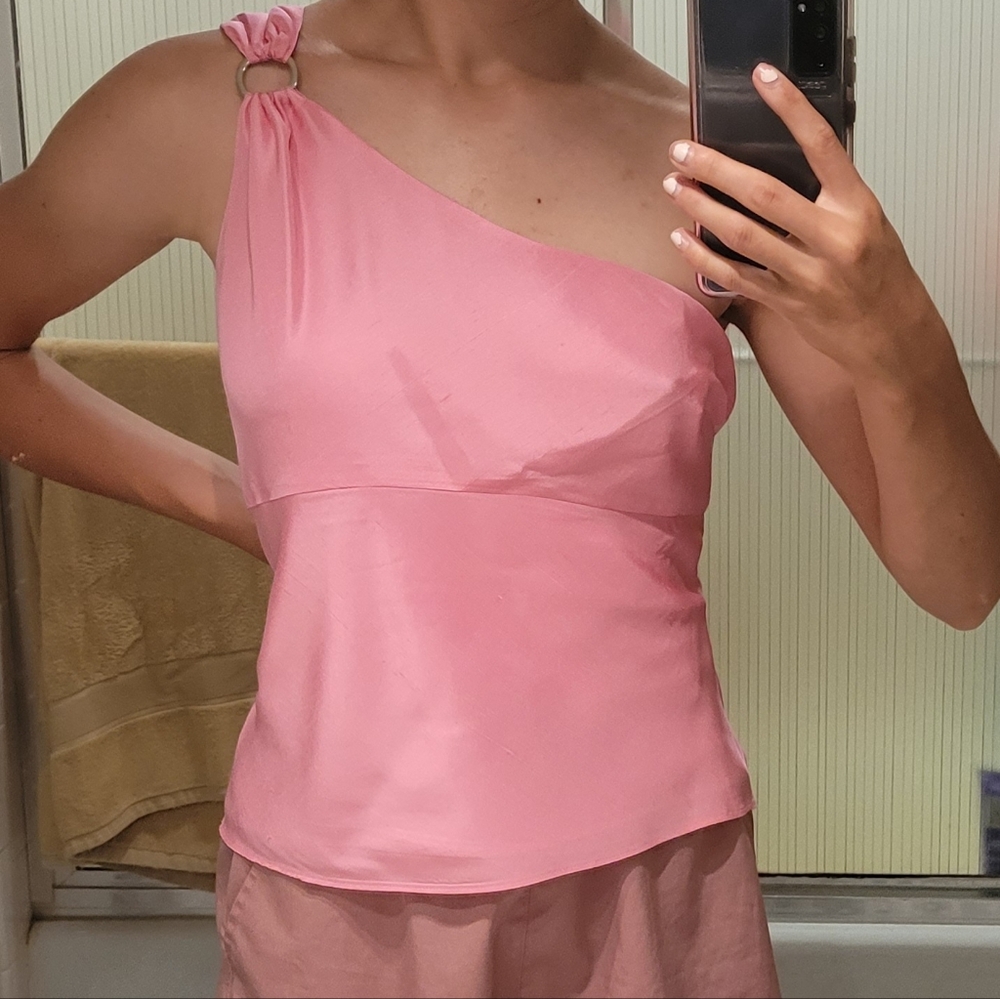 Pink silk one shoulder asymmetrical top